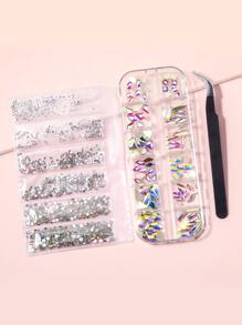 2packs Rhinestone Nail Art Decoration & 1pc Tweezers - Multicolor - View 2