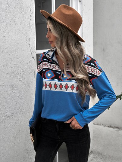 Random Geo & Argyle Print Half Zipper Drop Shoulder Tee