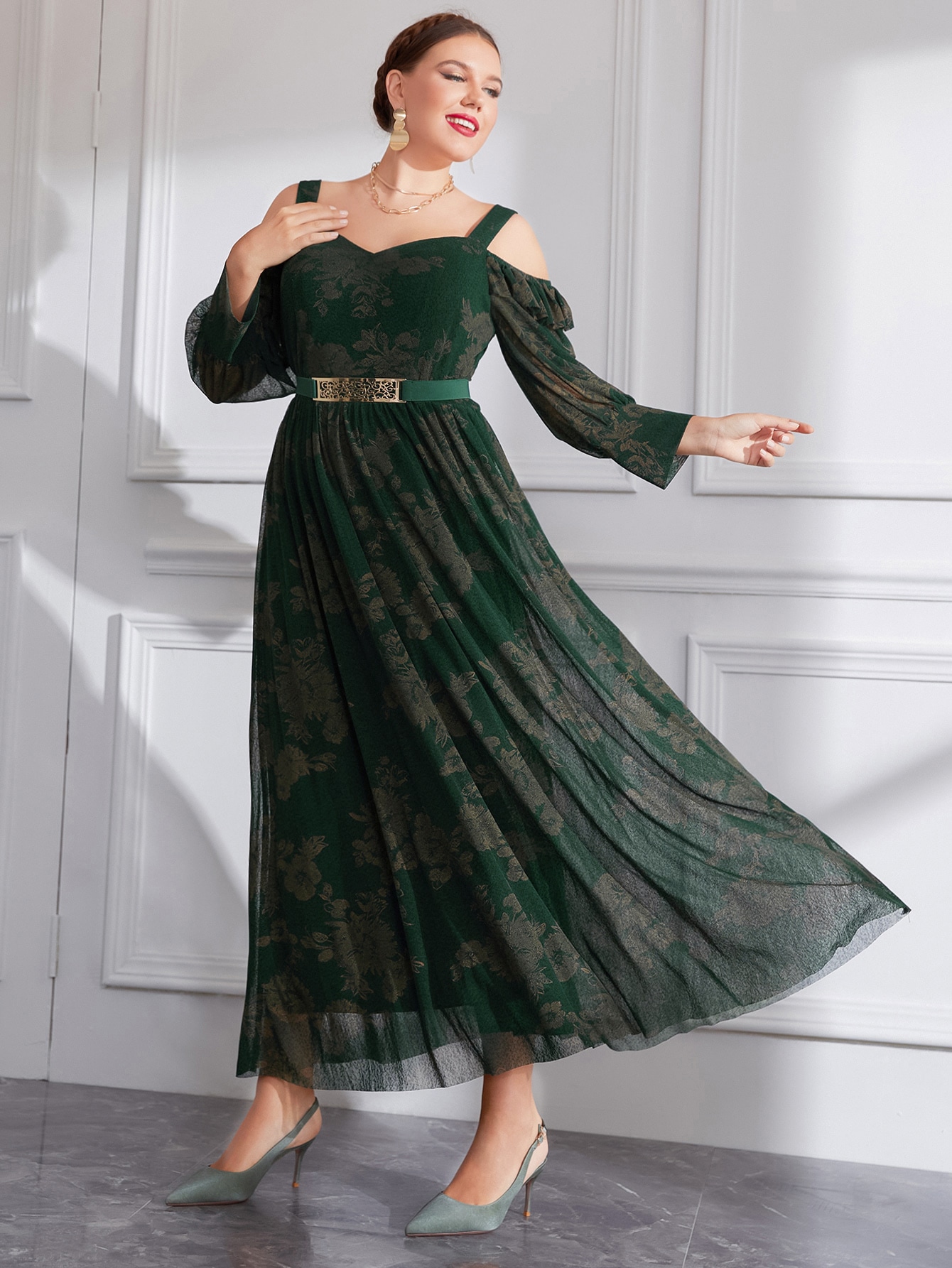 Plus Cold Shoulder Ruffle Trim Floral Mesh Prom Dress SHEIN UK