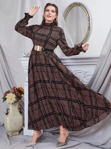 Modelyn Đầm Plus Size Thắt lưng viền lá sen Sọc ca rô Giải trí - Nhiều màu - Xem 3