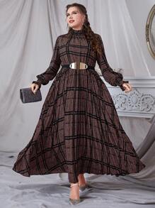 Modelyn Đầm Plus Size Thắt lưng viền lá sen Sọc ca rô Giải trí - Nhiều màu - Xem 5