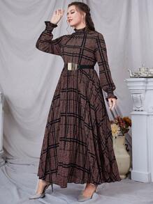 Modelyn Đầm Plus Size Thắt lưng viền lá sen Sọc ca rô Giải trí - Nhiều màu - Xem 6