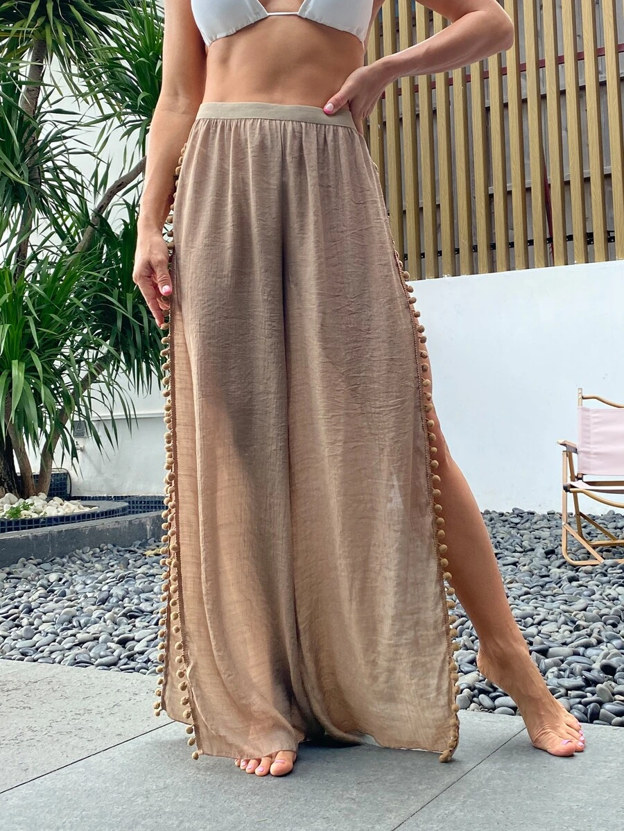 SHEIN Pom-pom Detail Cover Up Pants - Mocha Brown - View 1