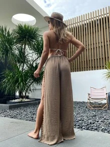 SHEIN Pom-pom Detail Cover Up Pants - Mocha Brown - View 2