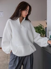 DAZY Quilted Half Zipper Big Pocket Drop Shoulder Sweatshirt,Fall Women Clothes - White - View 1