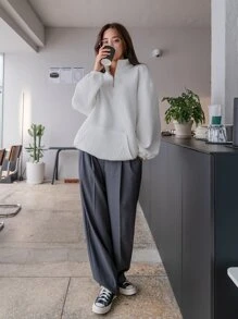 DAZY Quilted Half Zipper Big Pocket Drop Shoulder Sweatshirt,Fall Women Clothes - White - View 4