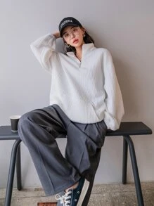 DAZY Quilted Half Zipper Big Pocket Drop Shoulder Sweatshirt,Fall Women Clothes - White - View 5