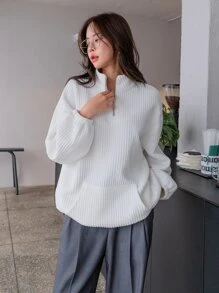 DAZY Quilted Half Zipper Big Pocket Drop Shoulder Sweatshirt,Fall Women Clothes - White - View 6