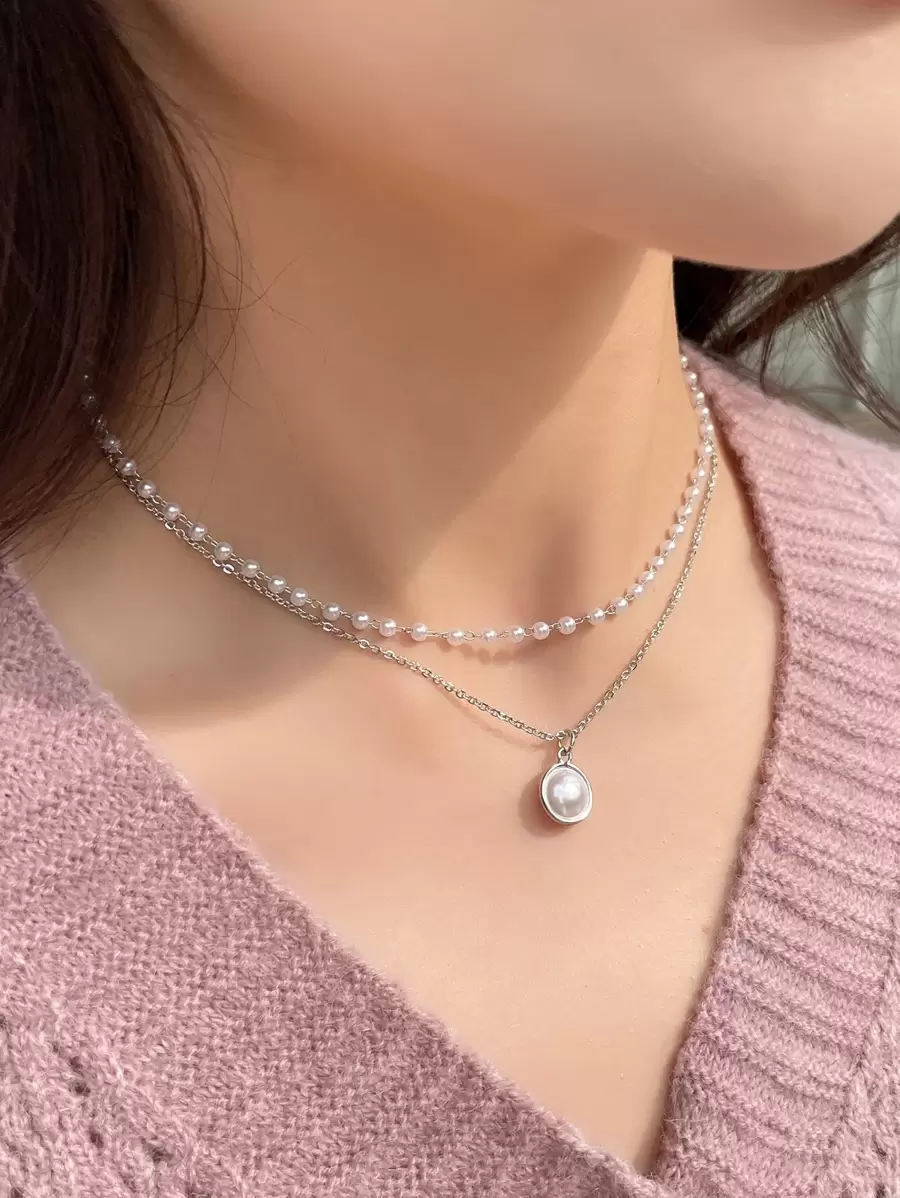 DAZY Đồ trang trí Ngọc Trai giả Dây chuyền - Bạc - Xem 1