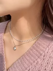 DAZY Đồ trang trí Ngọc Trai giả Dây chuyền - Bạc - Xem 2