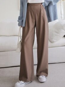 DAZY Slant Pocket Fold Pleated Tailored Trousers - Mocha Brown - View 1