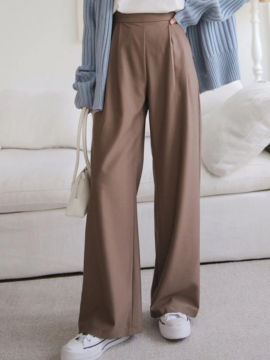 DAZY Slant Pocket Fold Pleated Tailored Trousers - Mocha Brown - View 1