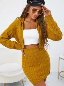 SHEIN 素色麻花編織套頭毛衣和針織短裙套裝 - 芥末黃 - 查看 1