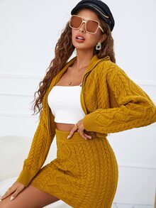 SHEIN 素色麻花編織套頭毛衣和針織短裙套裝 - 芥末黃 - 查看 5
