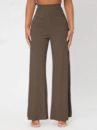 SHEIN PETITE Solid Rib-knit Wide Leg Trousers