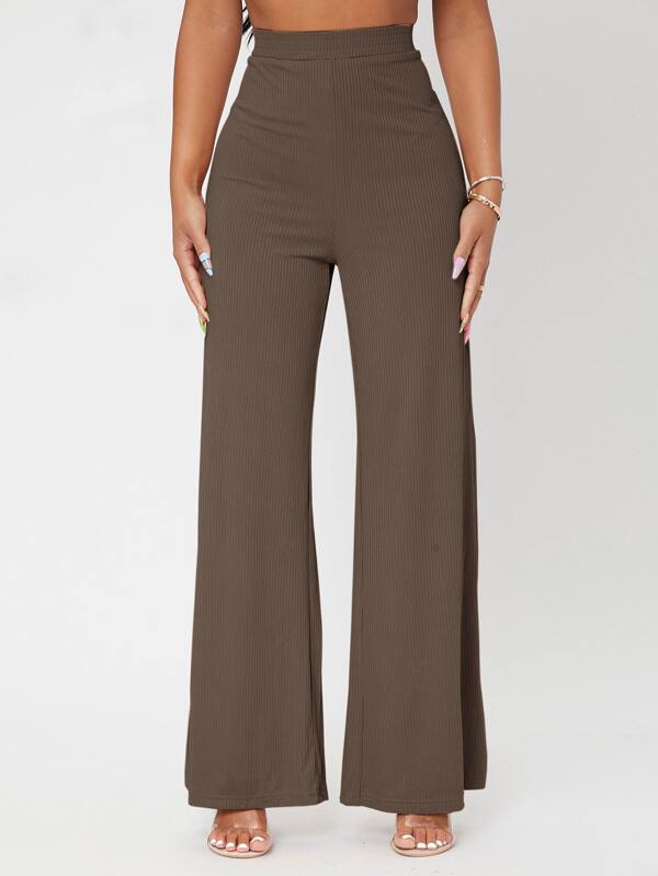 SHEIN PETITE Solid Rib-knit Wide Leg Trousers