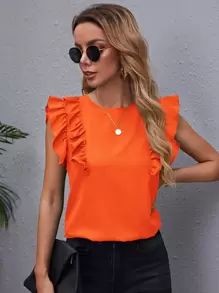 SHEIN Clasi Neon Orange Ruffle Armhole Solid Top - Orange - View 2