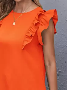 SHEIN Clasi Neon Orange Ruffle Armhole Solid Top - Orange - View 4