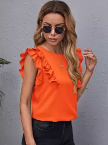 SHEIN Clasi Neon Orange Ruffle Armhole Solid Top - Orange - View 5