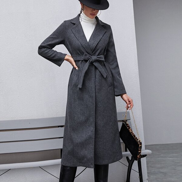 

Slant Pockets Double Breasted Belted Overcoat, Dark grey