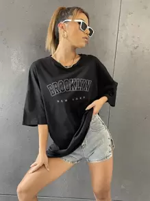 SHEIN Unity Letter Graphic Drop Shoulder Tee - Black - View 1