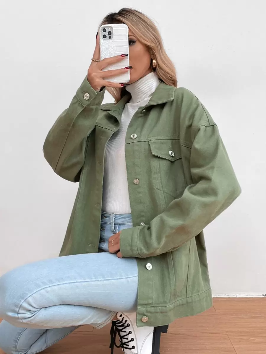 Flap Pocket Drop Shoulder Denim Jacket - Army Green - View 1