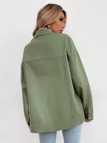 Flap Pocket Drop Shoulder Denim Jacket - Army Green - View 2