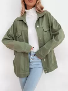 Flap Pocket Drop Shoulder Denim Jacket - Army Green - View 3