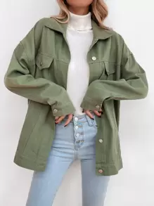 Flap Pocket Drop Shoulder Denim Jacket - Army Green - View 4
