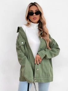 Flap Pocket Drop Shoulder Denim Jacket - Army Green - View 5