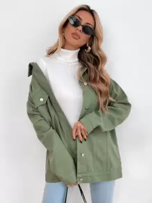 Flap Pocket Drop Shoulder Denim Jacket - Army Green - View 6