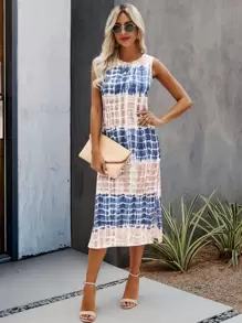 Breezaya Tie Dye Split Hem Tank Dress Maxi Vacation Beach Outfits Women - Multicolor - View 4