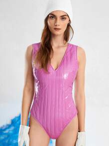 SHEIN Quilted PU Leather Bodysuit Without Scarf - Lilac Purple - View 4