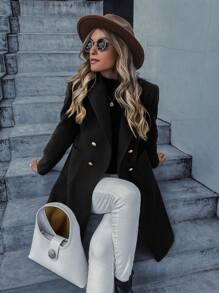 GENKIRA Abrigo de cuello con solapa de doble botonadura ropa de trabajo - Negro - Ver 4