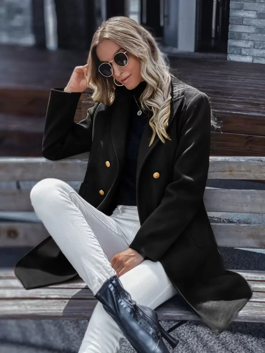 GENKIRA Abrigo de cuello con solapa de doble botonadura ropa de trabajo - Negro - Ver 1