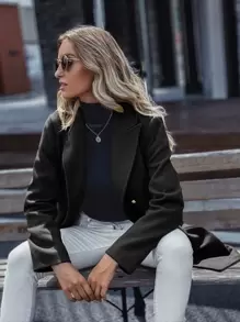 GENKIRA Abrigo de cuello con solapa de doble botonadura ropa de trabajo - Negro - Ver 3