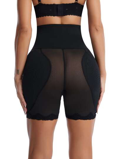 SHAPORA Black Mesh Fabric High Waist Body Shaper Shorts For Women With Plain Design