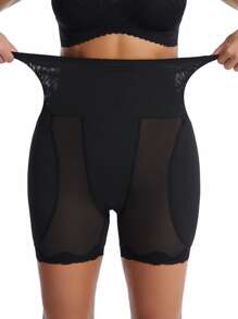 SHAPORA Black Mesh Fabric High Waist Body Shaper Shorts For Women With Plain Design - Black - View 3