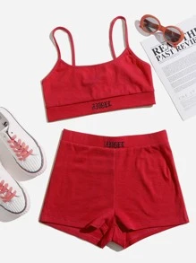 Muchica 字母刺繡吊帶上衣和短褲套裝 - 紅色 - 查看 1