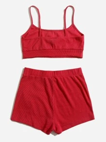 Muchica 字母刺繡吊帶上衣和短褲套裝 - 紅色 - 查看 2