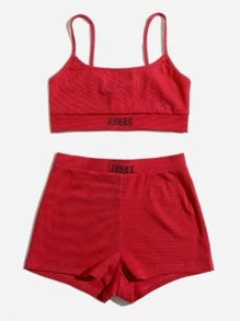 Muchica 字母刺繡吊帶上衣和短褲套裝 - 紅色 - 查看 4