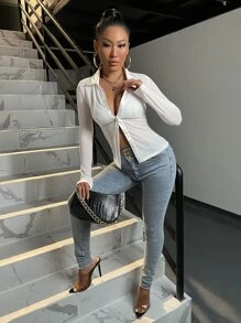 SHEIN SXY Áo sơ mi kẻ sọc lưới cài nút phía trước, áo dài tay - trắng - Xem 5