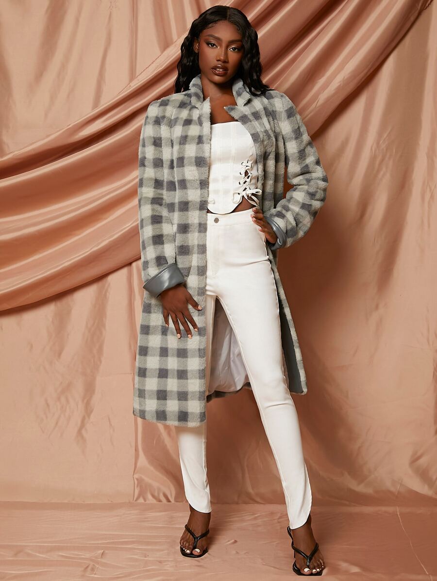 SHEINNeu Buffalo Plaid Print Fuzzy Coat In Fall/Winter - Multicolor - View 1