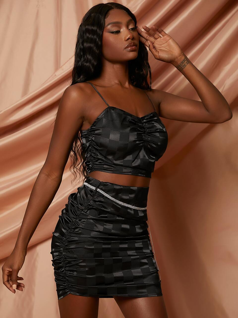 Checker Print Ruched Crop Cami Top & Rhinestone Chain Detail Skirt