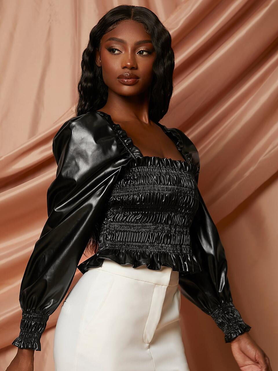Lantern Sleeve Frill Detail Shirred PU Leather Top