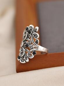 1 pieza Anillo vintage hueco decorado con rhinestones geométricos - Plata antigua - Ver 1