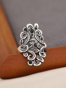 1 pieza Anillo vintage hueco decorado con rhinestones geométricos - Plata antigua - Ver 2