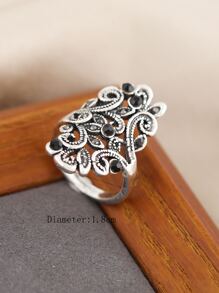 1 pieza Anillo vintage hueco decorado con rhinestones geométricos - Plata antigua - Ver 3