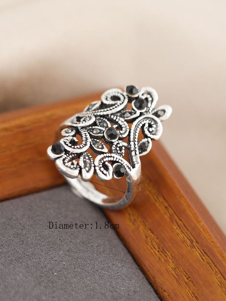 1 pieza Anillo vintage hueco decorado con rhinestones geométricos - Plata antigua - Añade 3