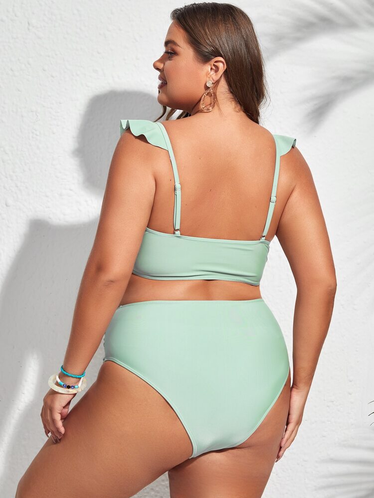 Conjunto de bikini con volantes y plisado de talla grande para verano en la playa - Verde militar - Añade 2